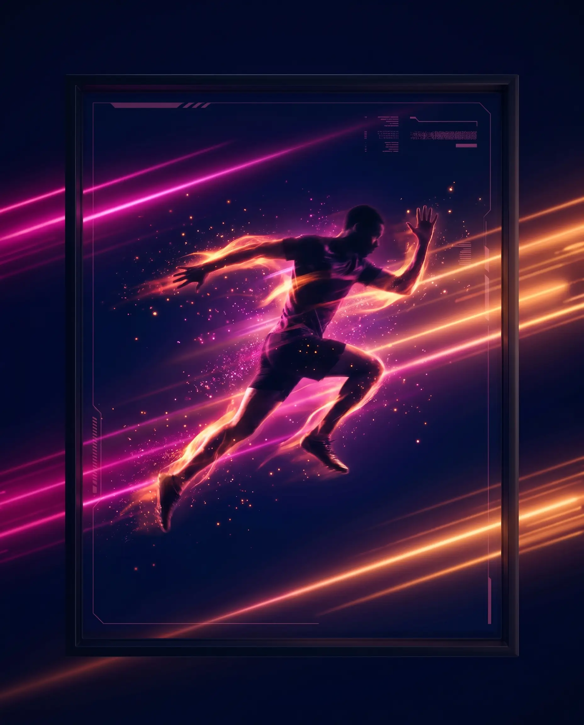 A dynamic athletic silhouette in explosive motion with light streaks — spec ad concept.