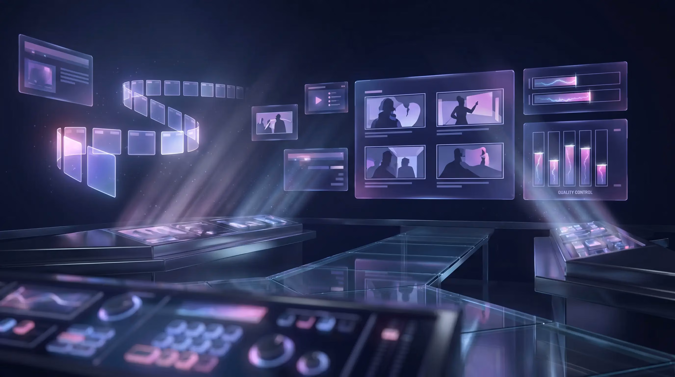 A futuristic command room of floating holographic timeline and storyboard panels in neon light.