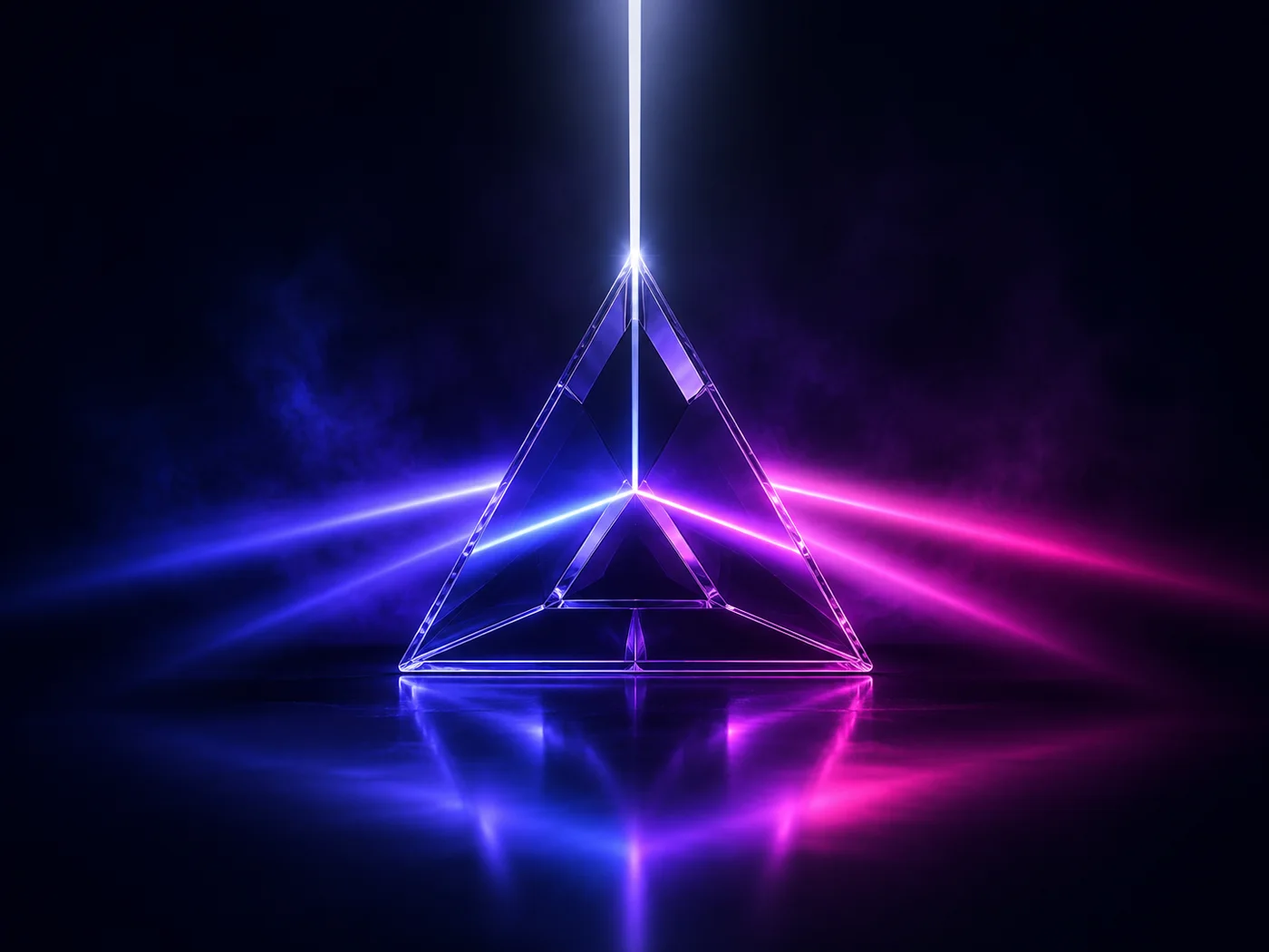 A glass prism refracting light into indigo, violet and magenta rays.