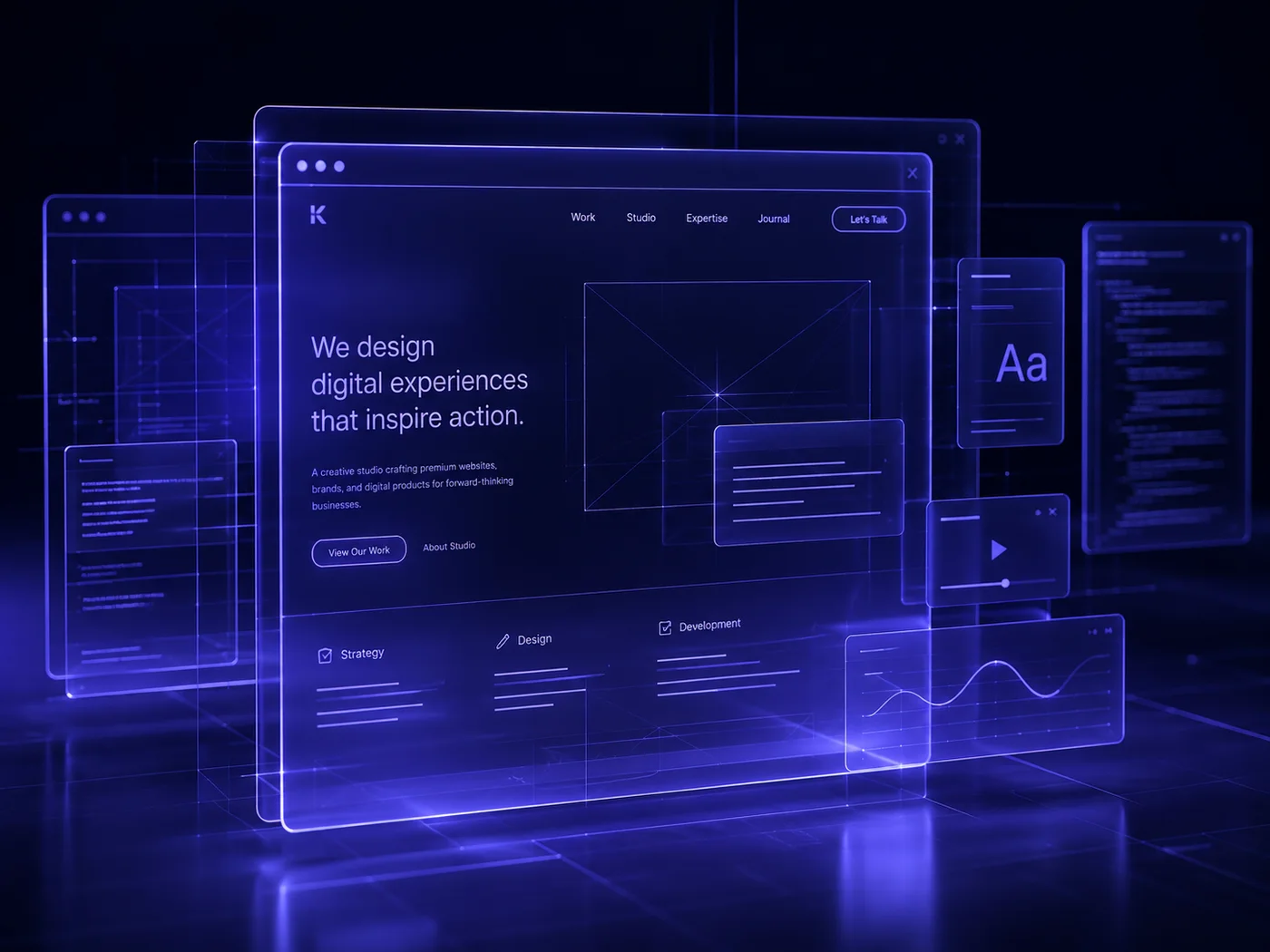 Glowing glass website wireframes floating in dark space.