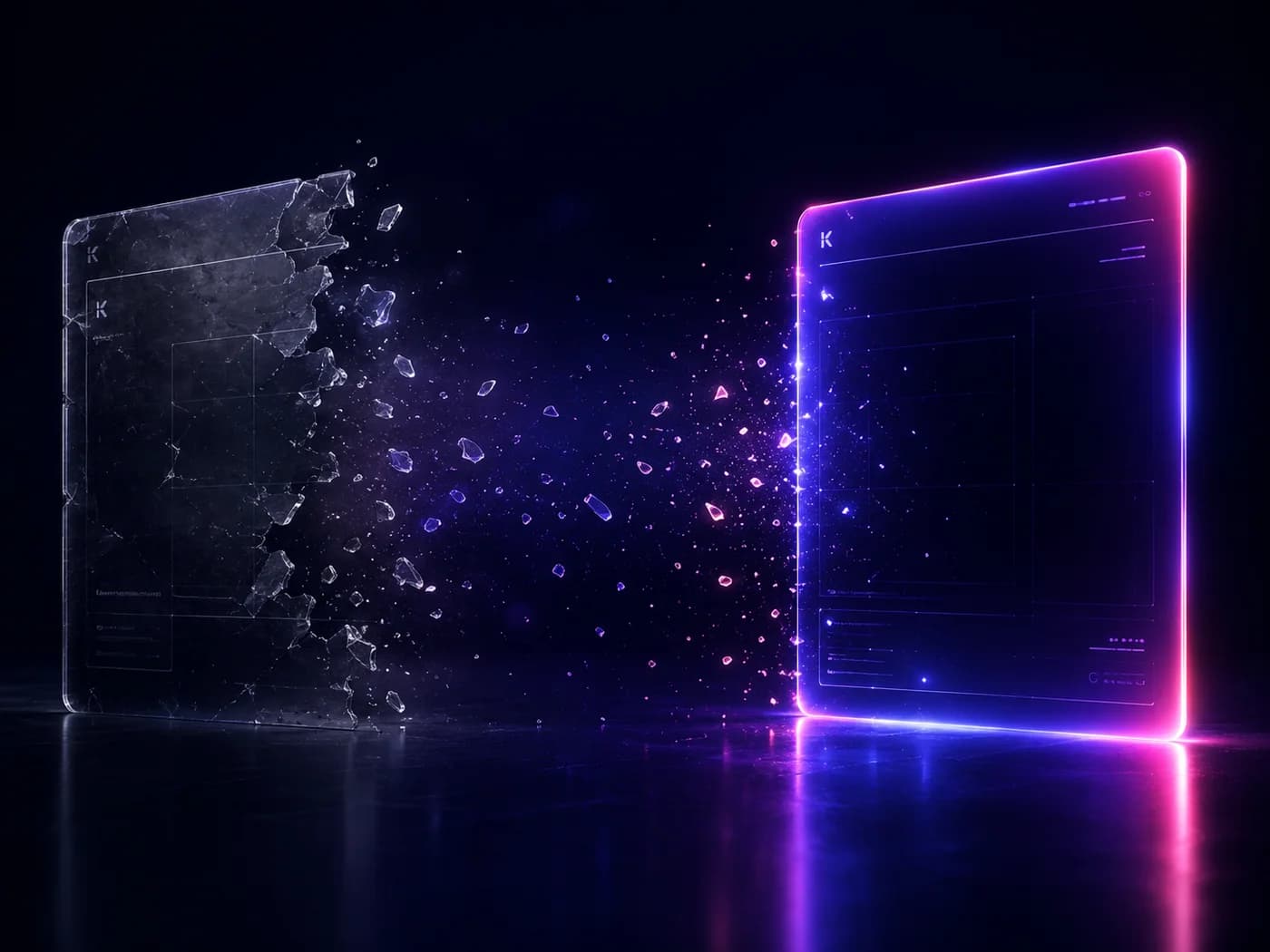 A dull fragmented panel transforming into a luminous glowing one.
