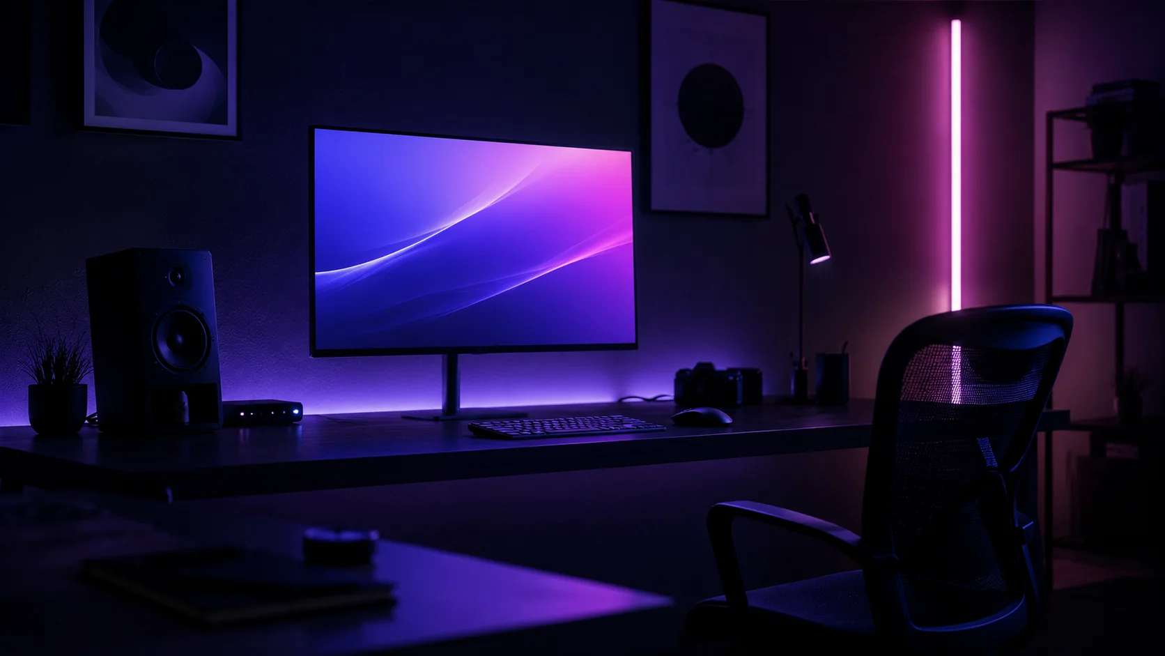 A quiet dark studio desk at night, monitor glowing indigo and violet
