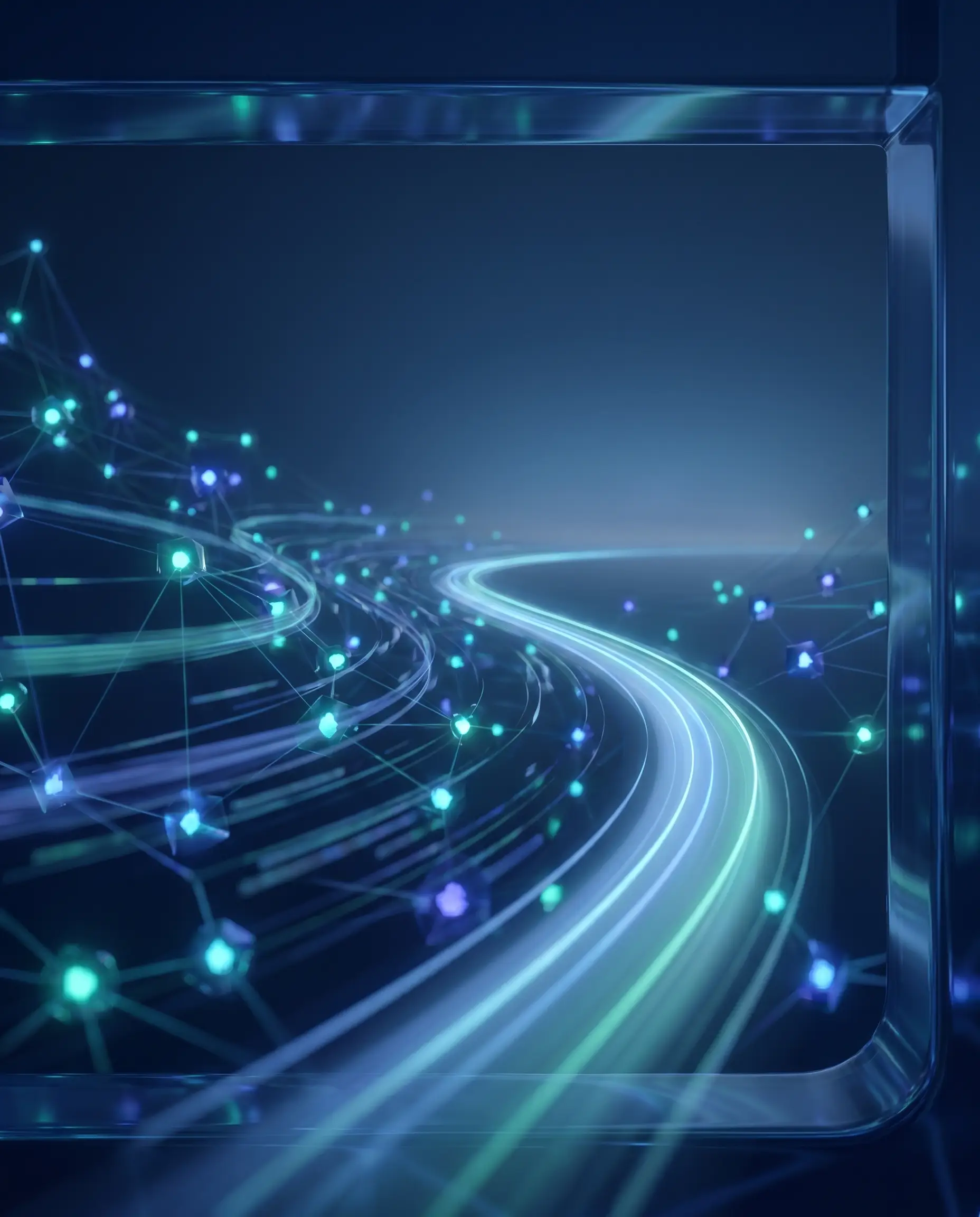 Abstract glowing data nodes and flowing lines resolving into one path — spec ad concept.