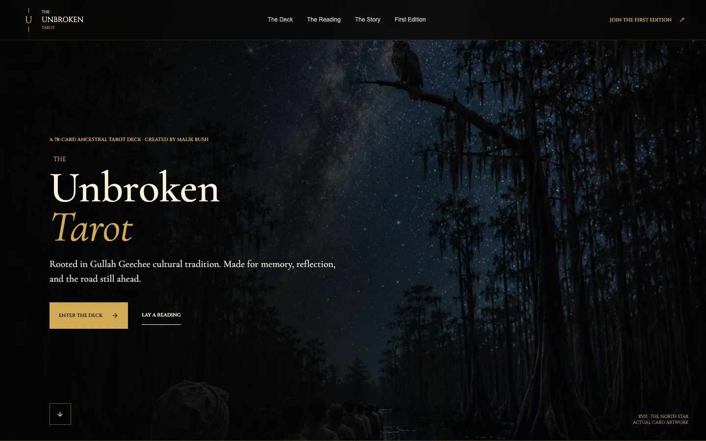 The Unbroken Tarot — real homepage of the live site